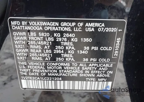2020 Volkswagen Atlas Cross Sport 3.6L V6 Sel Premium R-Line from USA, damaged, VIN 1V2TE2CA1LC221204
